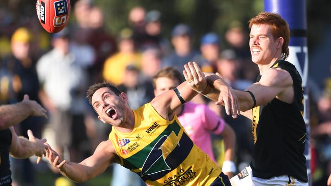 Daniel Menzel tries to gather in front of Glenelg’s Toby Pink in the Eagles’ Anzac Day clash with the Tigers. Picture: Tricia Watkinson