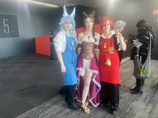 The PAX Aus Convention at the Melbourne Convention and Exhibition Centre (MCEC) on Saturday, October 12, 2024: Sabrina Johnston (@lunar_twins), Fable May (@fabledqueencosplay) and @ritsukoroi. Picture: Jack Colantuono