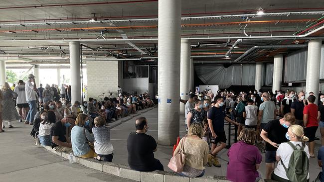 A small part of the large queue spotted at the Gold Coast vaccination hub today.