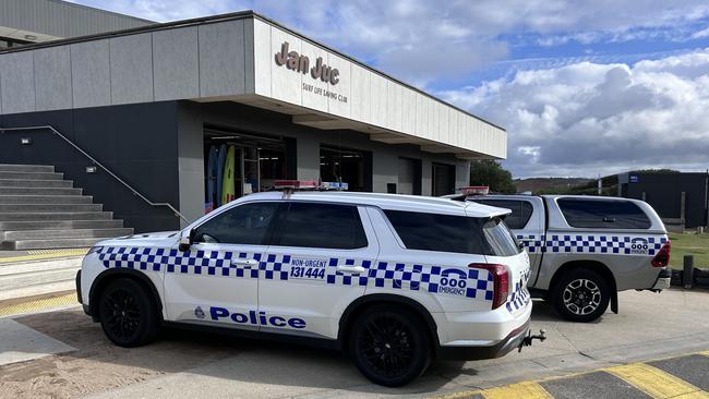 Police outside the Jan Juc Surf Life Saving Club on Saturday. Picture William Keech