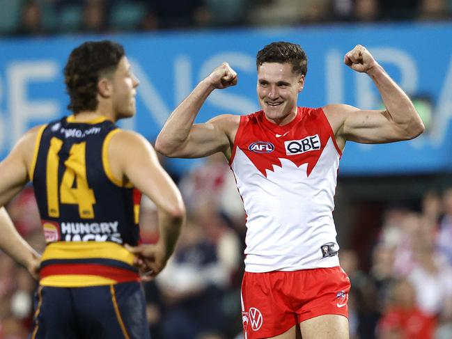 Sydney's Hayden Mclean celebrates kicking a goal during the AFL Round 24 match between the Sydney Swans and Adelaide Crows at the SCG on August 24, 2024.  Photo by Phil Hillyard(Image Supplied for Editorial Use only - **NO ON SALES** - Â©Phil Hillyard )