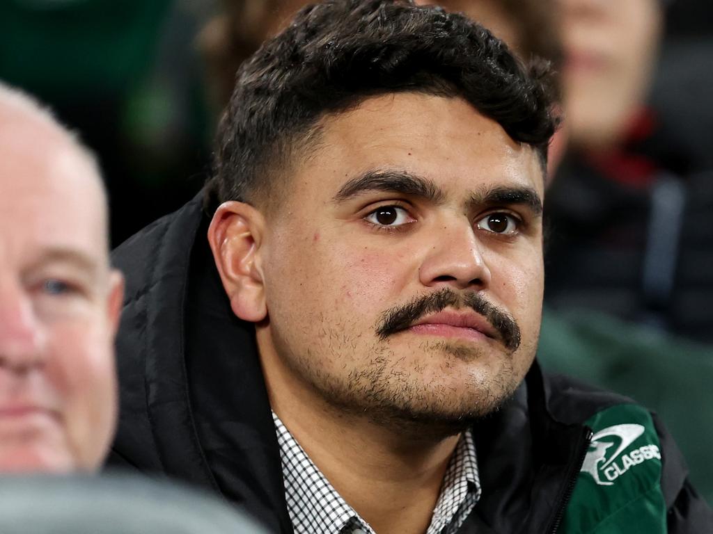 SYDNEY, AUSTRALIA – AUGUST 08: Latrell Mitchell of the Rabbitohs looks on from the stands during the round 23 NRL match between South Sydney Rabbitohs and Melbourne Storm at Accor Stadium, on August 08, 2024, in Sydney, Australia. (Photo by Brendon Thorne/Getty Images)