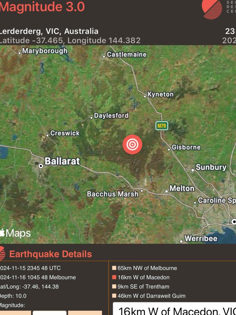 A magnitude 3.0 earthquake was felt at 10:45am in the Lerderderg State Park north of Melbourne. Picture: Supplied/Seismology Research Centre.