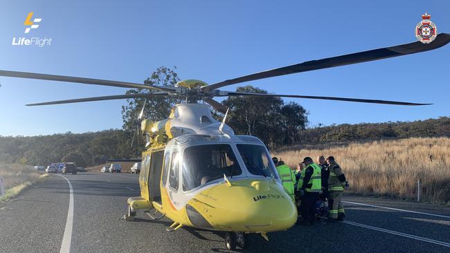 A man in his 40s was airlifted to Brisbane after being trapped for almost an hour in his car when it collided, head on, with another car on the Cunningham Highway. Thursday, August 18, 2024 Picture: LifeFlight