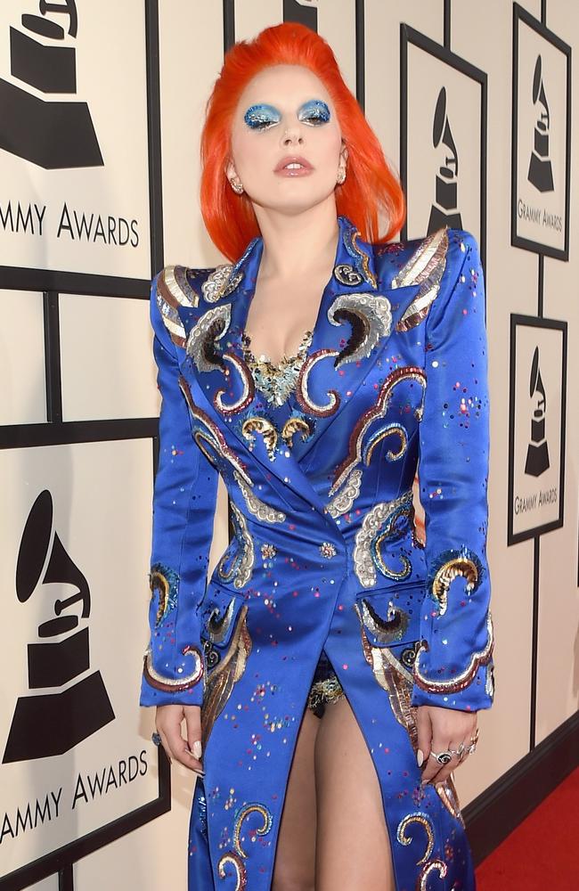 Lady Gaga’s tribe to David Bowie: reveals what looks to be a bodysuit under an exquisite Marc Jacobs embellished jacket at the Grammy Awards. Picture: Larry Busacca/Getty Images for NARAS