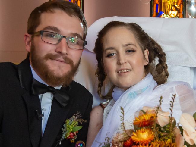 Toni Carroll marrying Jesse Welsh at the Alfred Hospital. Toni has cancer and a severe heart problem needing her to be on an artificial heart machine.Picture: Jay Town