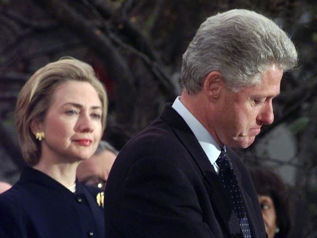 Then First lady Hillary Rodham Clinton watches President Bill Clinton as he thanks those Democratic members of the House of Representatives who voted against impeachment in 1998. Picture: AP