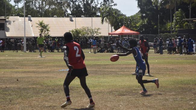 Players in action during the Tiwi Island Football League grand final between Tuyu Buffaloes and Pumarali Thunder. Picture: Max Hatzoglou