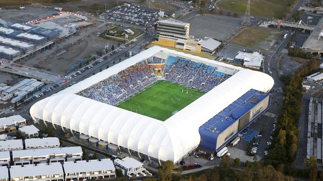 An aerial shot of CBUS Super Stadium for the 2018 NRL game between the Titans and Cowboys.