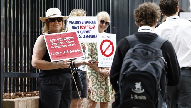 Protesters outside the school on the first day of term in 2024. Picture: Richard Dobson