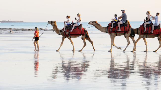 Camel tours are a popular activity at Cable Beach in Broome, Western Australia. Picture: Paolo Picciotto