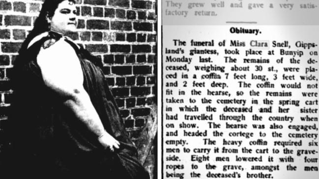 The strange story of the world-famous Gippsland giants A newspaper image of Clara Snell during her tour, and her obituary outlining her unusual funeral. Pictures: State Library of Victoria, Trove