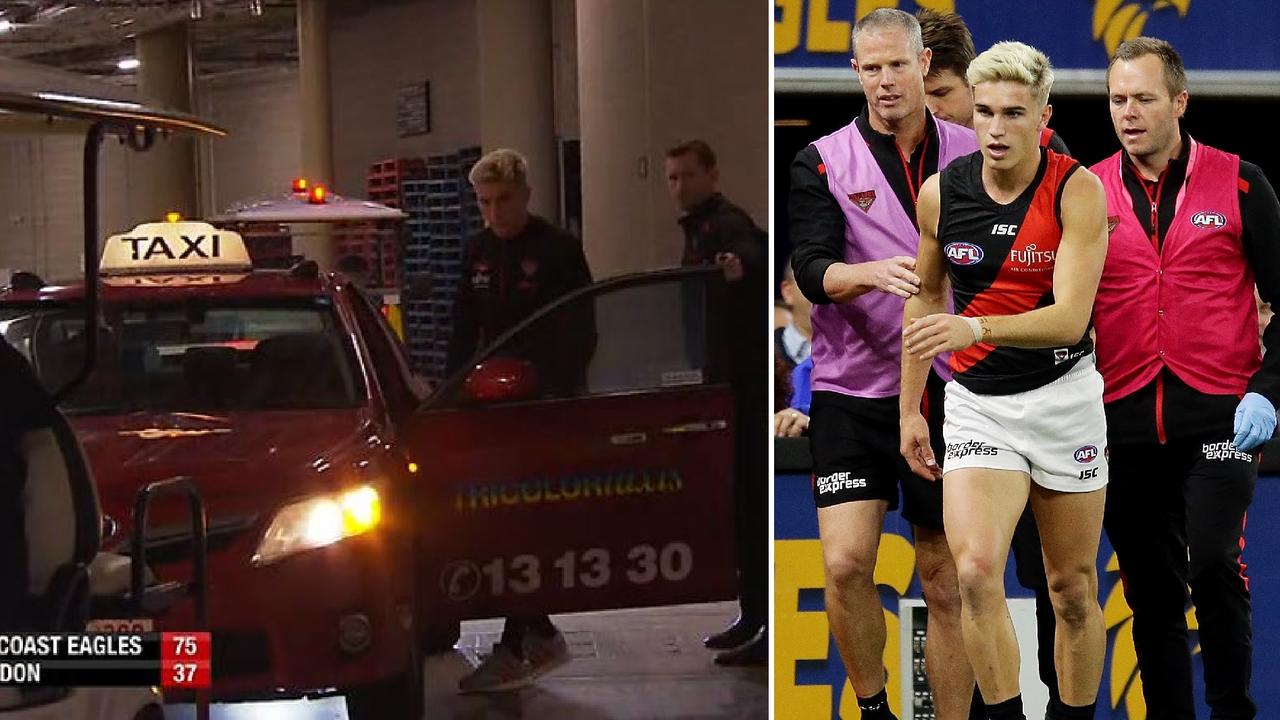 Essendon defender Matt Guelfi was taken to hospital in Perth last night via a taxi.