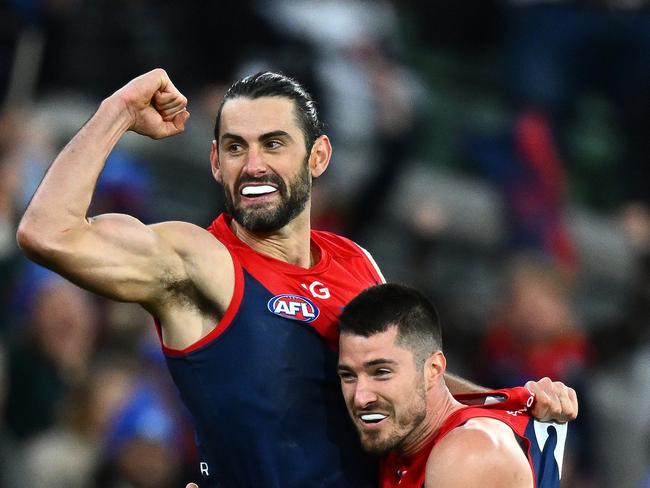 MELBOURNE, AUSTRALIA - JUNE 12: Brodie Grundy of the Demons is congratulated by Alex Neal-Bullen after kicking a goal during the round 13 AFL match between Melbourne Demons and Collingwood Magpies at Melbourne Cricket Ground, on June 12, 2023, in Melbourne, Australia. (Photo by Quinn Rooney/Getty Images) *** BESTPIX ***