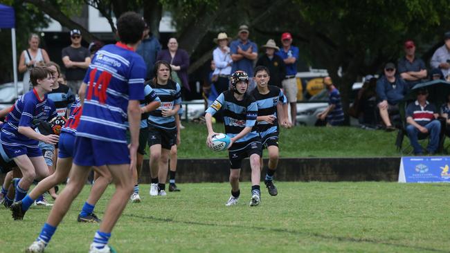 Day 1 of the King of the Country junior rugby union tournament at the Gold Coast Eagles Rugby Union Club.Maroochydore Swans (BLUE AND BLACK) vs USQ Saints (Blue ) Maroochydore Player No USQ Player No Pic Mike Batterham