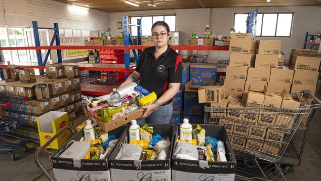 Tamika Andrews with hampers at Loaves and Fishes Care Service, Thursday, July 11, 2024. Picture: Kevin Farmer