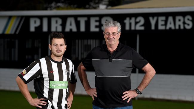 Pirates player James Skeffington, who played his 300th game on the weekend, with former player Neville Yeing. Pic: Sam Wundke.