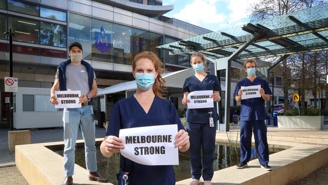 Sean Gooding, Caroline Waddacor, Fiona Sexton and Trent Ramsay have come from other states to help Victoria cope with COVID-19. Picture: Alex Coppel