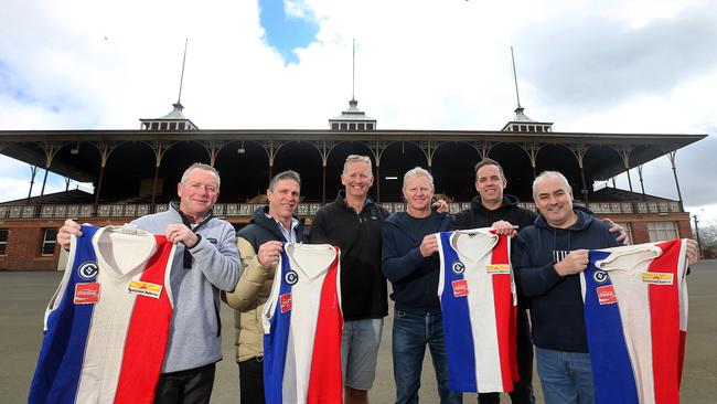 East Ballarart 1993 premiership players, from left, Scott O'Donohue, Terry Simpson, Matt Steven, Tony Evans, Peter Jacks and Jim O'Connell. Picture Yuri Kouzmin