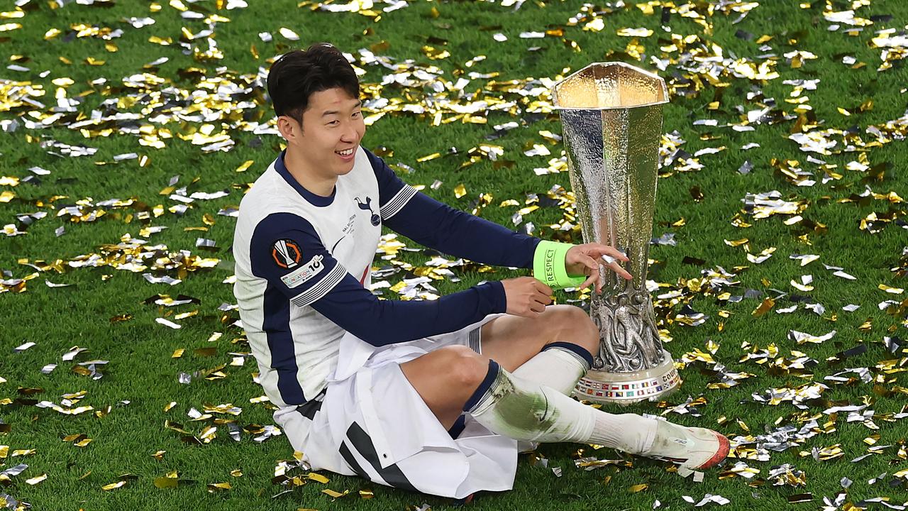 Son Heung-Min of Tottenham soaks in the glory. (Photo by Carl Recine/Getty Images)