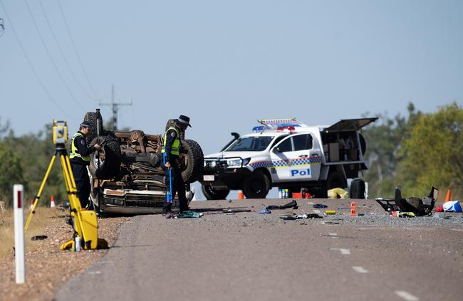 Police investigating the fatal crash on Cheeney Rd southwest of Batchelor. Picture: KERI MEGELUS