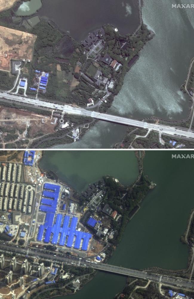 Wuhan in central China's Hubei Province on28 April, 2017, (top) and the same area with the Huoshenshan Hospital, the temporary field hospital, on 22 February, 2020. This shows the difference the country in lockdown due to the coronavirus has done to the area. Picture: Maxar Technologies