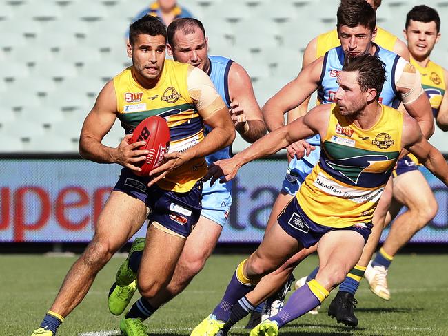 SANFL - Preliminary Final - Sturt v Eagles at Adelaide Oval. Jared Petrenko and James Boyd on the attack. Picture Sarah Reed