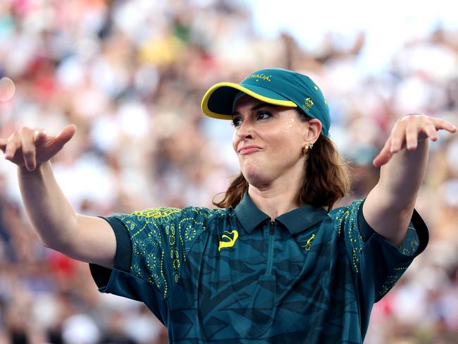 PARIS, FRANCE - AUGUST 09: B-Girl Raygun of Team Australia  reacts during the B-Girls Round Robin - Group B on day fourteen of the Olympic Games Paris 2024 at Place de la Concorde on August 09, 2024 in Paris, France. (Photo by Elsa/Getty Images)