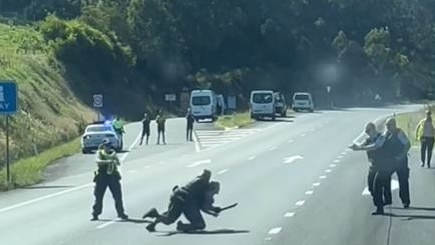 Police tackle the woman. Picture: Aaron The Typical Trucker