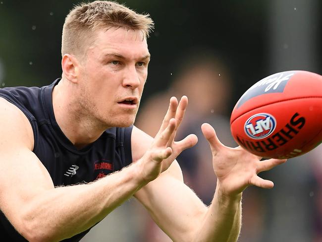 MELBOURNE, AUSTRALIA - DECEMBER 14: Tom McDonald of the Demons marks during a Melbourne Demons AFL training session at Gosch's Paddock on December 14, 2018 in Melbourne, Australia. (Photo by Quinn Rooney/Getty Images)