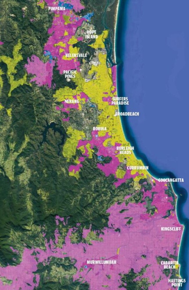 Map of NBN rollout across the Gold Coast and Tweed. Key: Service Available in purple. Build commenced in yellow and Other fibre provider in blue.