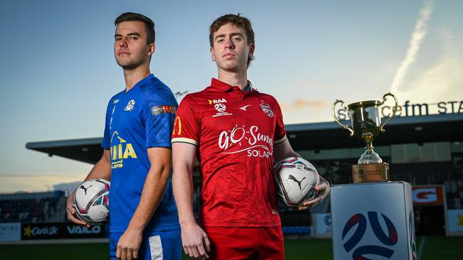 Adelaide United Reserves captain Fergus Lynch and Modbury captain Taj Claridge.