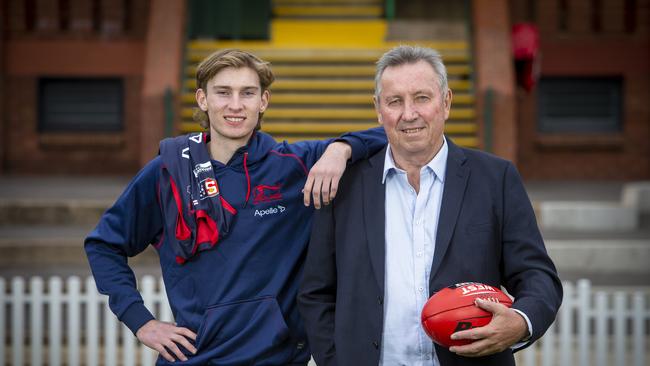 Crows father-son prospect Max Michalanney with his dad, Norwood great Jim. Picture: Emma Brasier