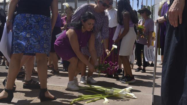 No One Left Behind founder Rebecca Forrest spoke outside NT parliament in Darwin as part of a Territory-wide day of action on Tuesday calling for action to address chronic domestic violence rates.