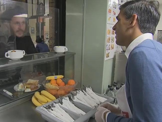 UK Prime Minister Rishi Sunak prepares and serves breakfast at The Passage homeless shelter in London before Christmas 2022. Picture: ITV News