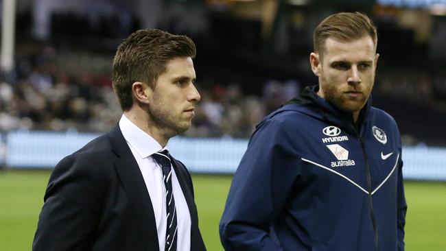 Carlton skipper Marc Murphy and Sam Doherty at half time against Freo. Pic: Michael Klein