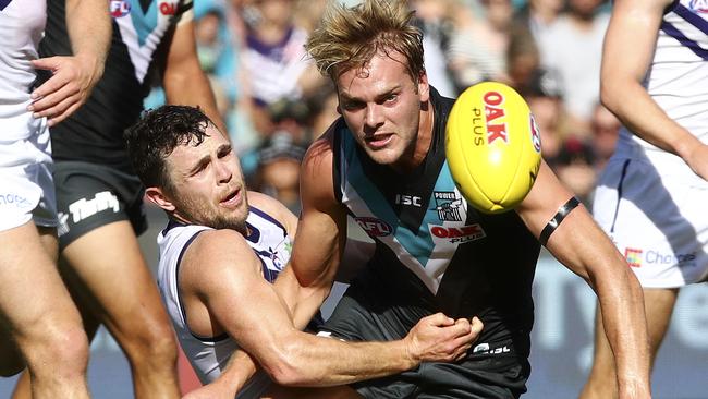 Jack Watts attacks the footy in his first game in Power colours against Fremantle in Round 1. Picture: Sarah Reed