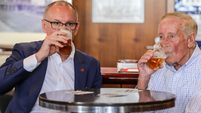 Jay Weatherill has a beer with his father George at the Lockleys Hotel after filing election writs with the Governor last month.