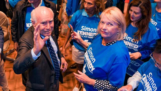 John Howard campaigning for Liberal candidate for Bennelong Simon Kennedy at Ryde Eastwood Leagues Club before the 2022 election. Picture: Simon Bullard/NewsWire