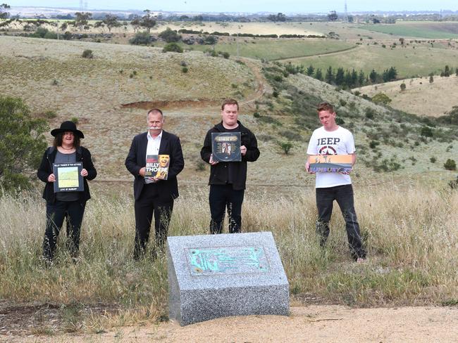 Disappointed members of the Sunbury Pop/Rock Festival Facebook group at the site of the old festival off Duncans Rd where the plaque of Billy Thorpe was stolen again late last year. Picture: Mark Wilson