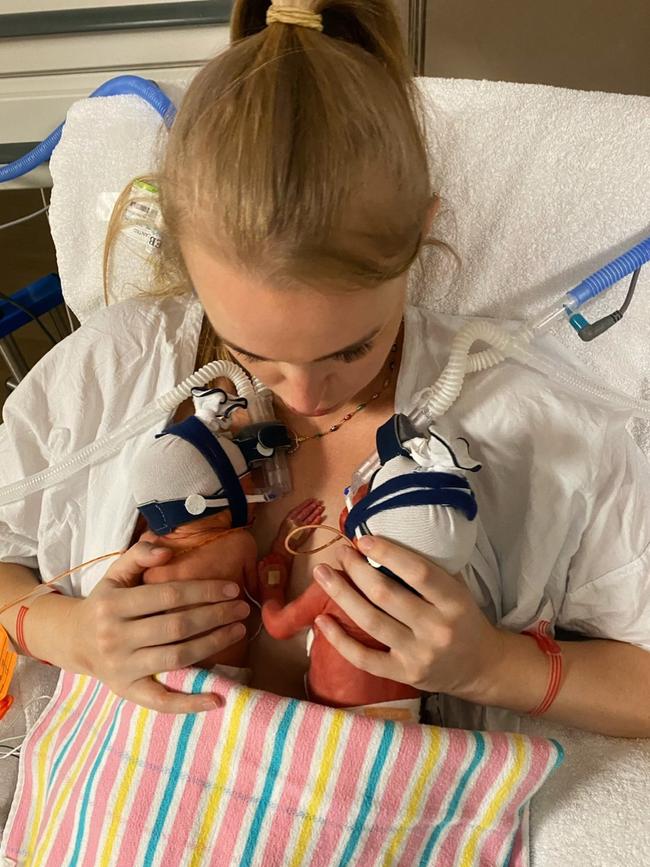 Kristen Meadows with her twin girls at Mater Mothers' Hospital. Picture: Supplied