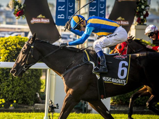 Kerrin McEvoy wins on Music Magnate Race 7, James Boag's Premium Doomben 10,000 at Doomben, Brisbane, Saturday May 28, 2016. (AAP Image/Glenn Hunt) NO ARCHIVING, EDITORIAL USE ONLY