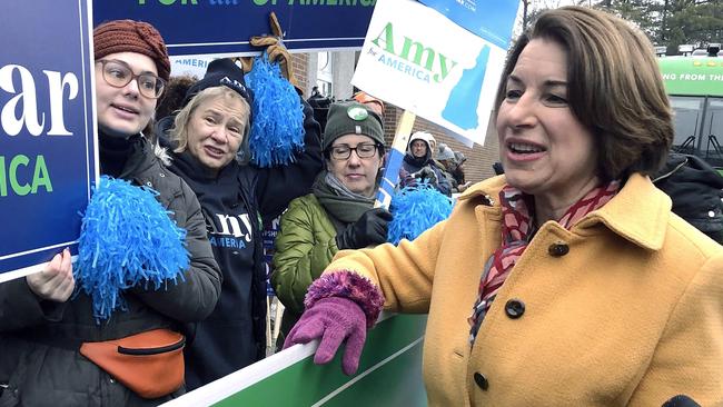 Amy Klobuchar greets supporters in Manchester, New Hampshire. Picture: AP