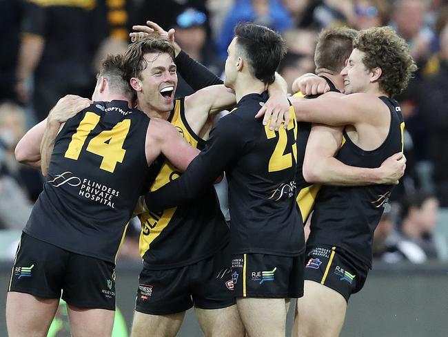 SANFL - GRAND FINAL  22/09/19 - Port Adelaide v Glenelg at Adelaide Oval. Glenelg celebrate the Premiership win on the siren. Luke Partington facing the camera Picture SARAH REED