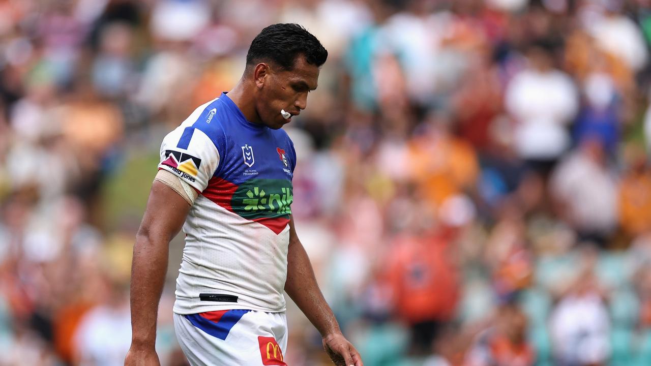 Jacob Saifiti has been hit hard by the match review committee for his high shot on Jake Simpkin. Picture: Cameron Spencer/Getty Images