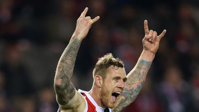 AFL Round 17. 13/07/2018. St Kilda v Carlton at Etihad Stadium. St Kilda's Tim Membrey celebrates his goal in the third quarter. Pic: Michael Klein