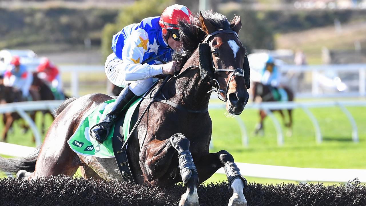 Duke Of Bedford jumps cleanly on his way to winning the Grand Annual Steeplechase on Thursday. Picture: Pat Scala/Racing Photos via Getty Images