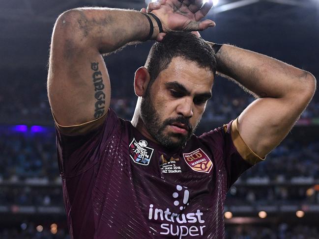 Greg Inglis of the Maroons reacts following his team's loss to the Blues in Game 2 of the 2018 State of Origin series between the NSW Blues and the Queensland Maroons at ANZ Stadium in Sydney, Sunday, June 24, 2018. (AAP Image/Dan Himbrechts) NO ARCHIVING, EDITORIAL USE ONLY