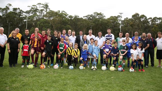 The Sydney Hills Football Association representatives and officials with the Castle Hill state Liberal MP Ray Williams, Hills Shire mayor Dr Michelle Byrne and SHFA president Craig Gough.