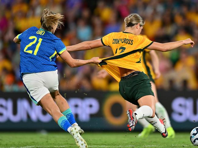 Kyra Cooney-Cross was fouled by Brazil striker Gio, who also earned a yellow card for flattening Ellie Carpenter. Picture: Albert Perez/Getty Images